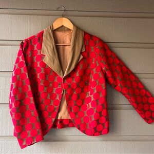Amazing Vintage Blazer! Red Dot Pattern with Metallic Gold, Gold Silk